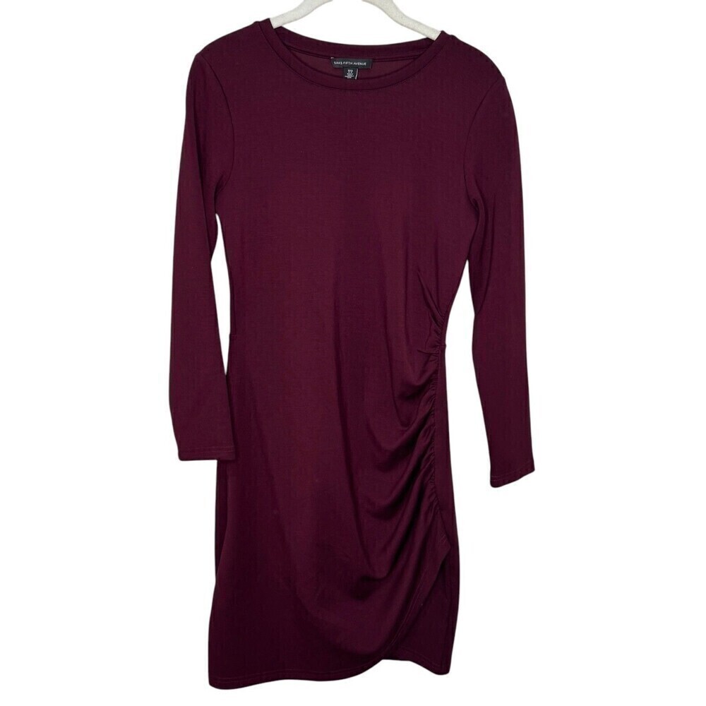 Saks Fifth Avenue Dress Size Small Burgundy Ruched Side Long Sleeve Bodycon Knit